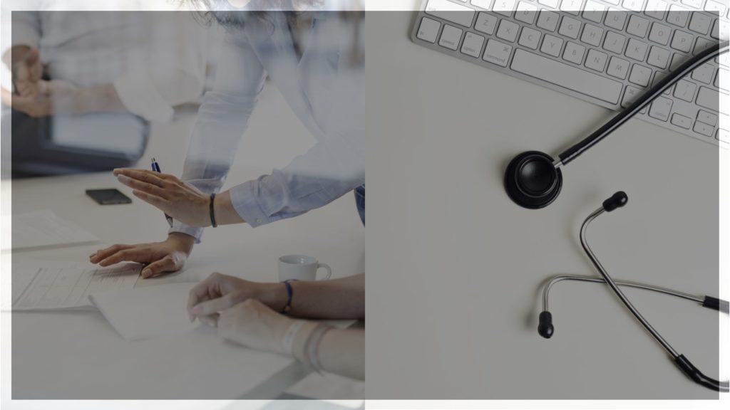 2 images côte à côte, la 1ère les mains sur la table avec des près d'un ordinateur, la 2ème avec une partie de stéthoscope posé sur le clavier d'un ordinateur portable