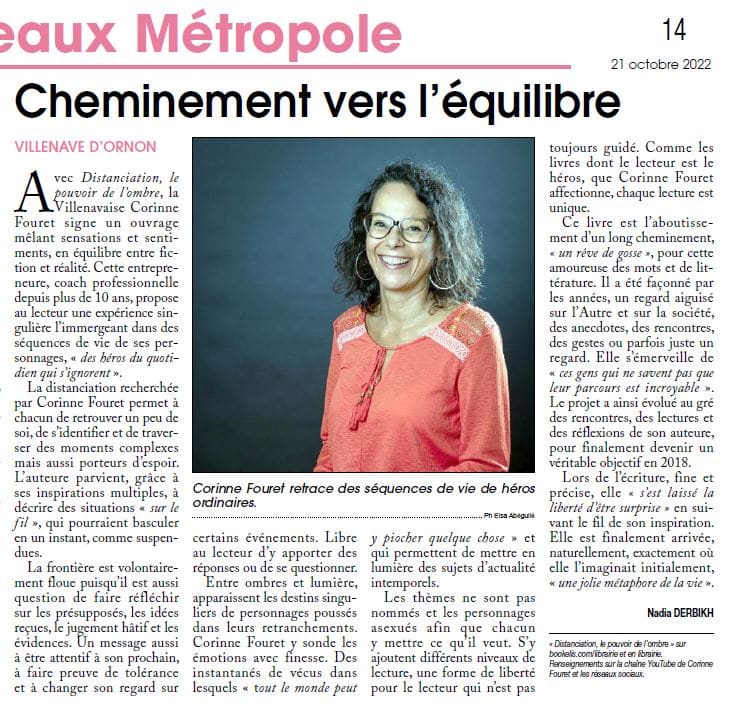 Article de presse de courrier de gironde mettant en avant Corinne Fouret et son livre Distanciation.