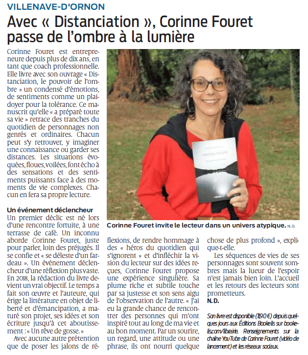 Article de presse de sud-ouest mettant en avant Corinne Fouret et son livre Distanciation.